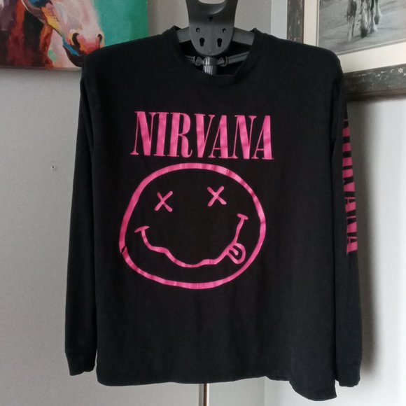 Nirvana Classic smiley Face long sleeve Black Tee - Picture 1 of 8